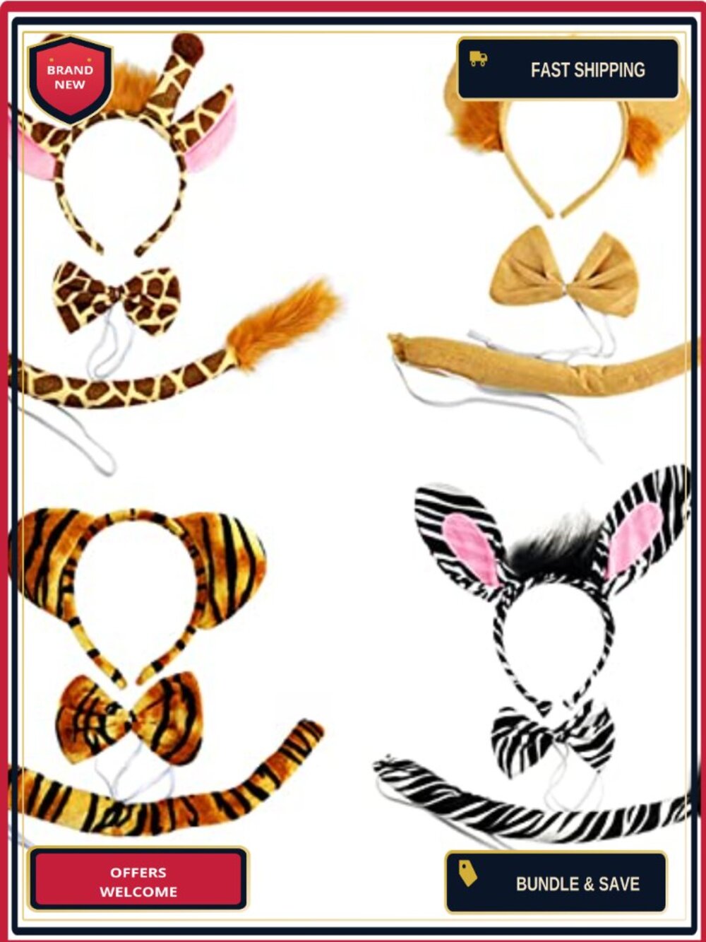 4 Set Zoo Animal Ears Headband Tail Costume Accessory Adult One Size